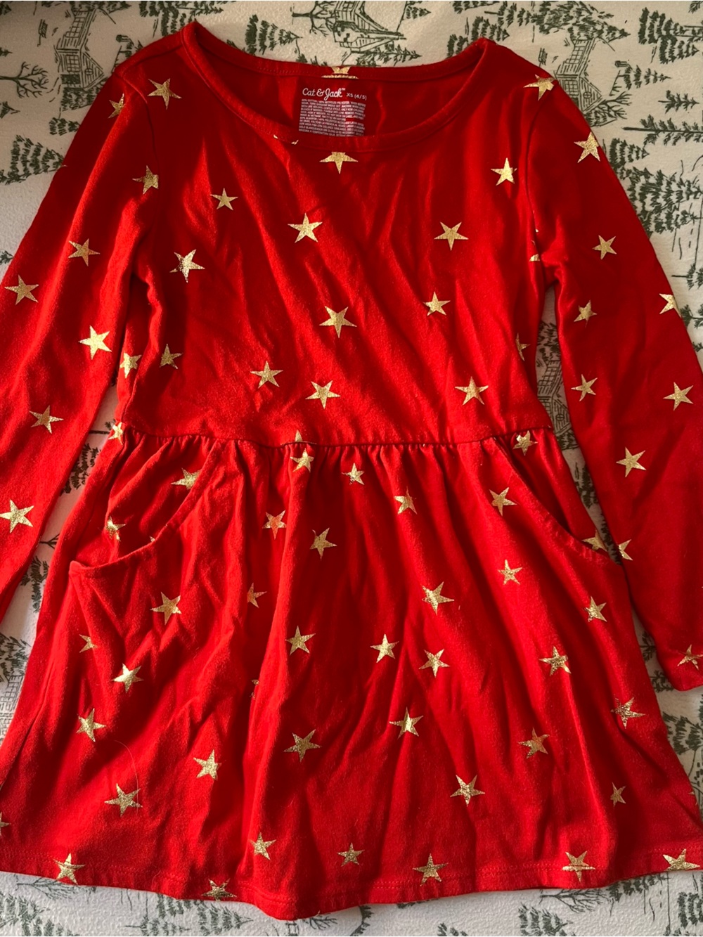 Cat & Jack Red Long Sleeve Dress with Gold Stars size XS
